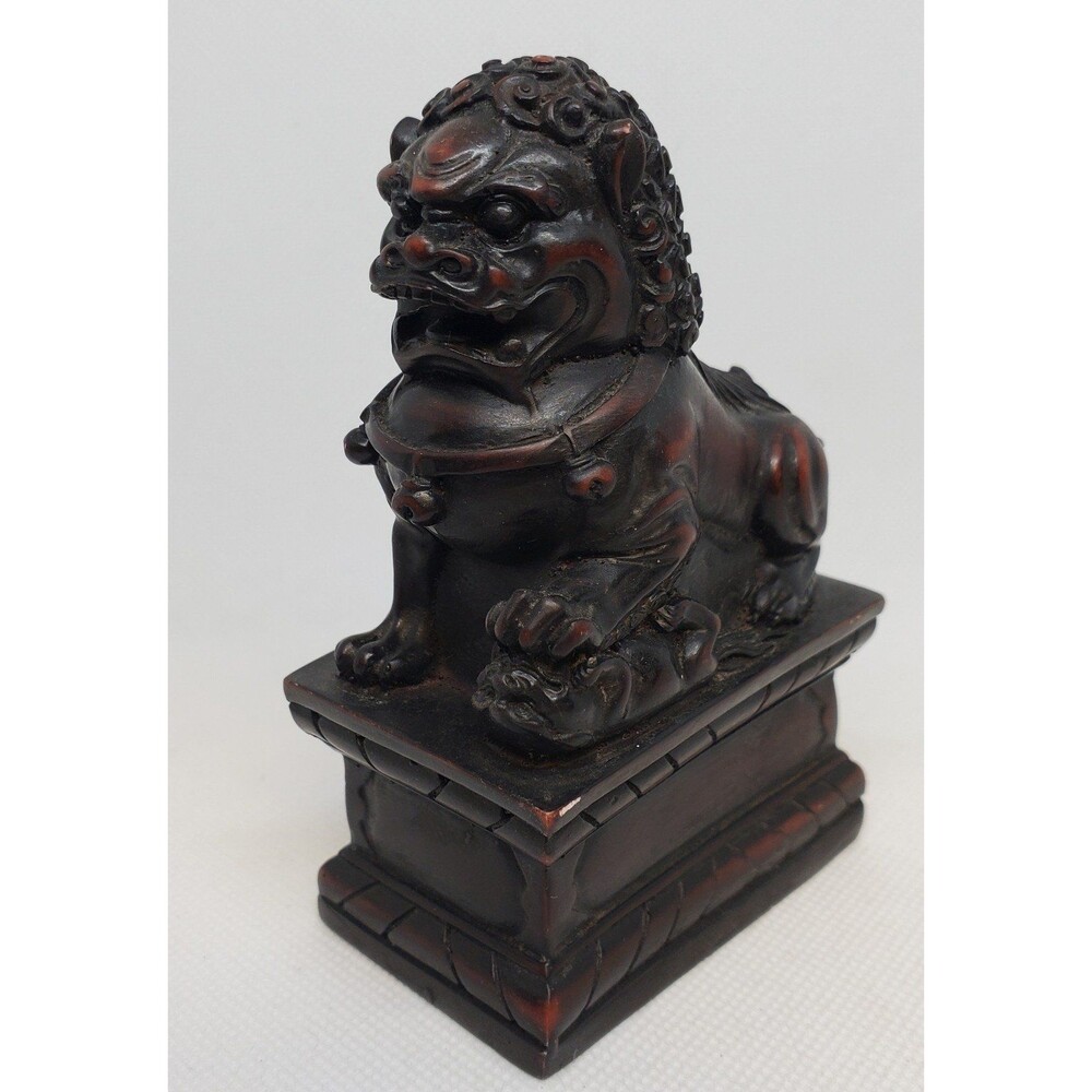 Chinese Brown Foo Dog Figurine on Pedestal Resin